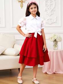 مجموعة بلوزة ذات طوق دانتيل مطرزة وتنورة قصيرة ذات كشكشة على الخصر لفتيات تين، طراز أنيق، مناسب للربيع والصيف والكريسماس 2 قطعة