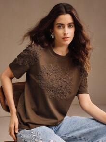 Anewsta Women's Elegant Modern Loose Round Neck T-Shirt Top With Embroidered Applique Design, Summer - Brown - View 3