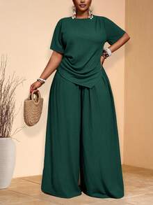 Veslaya 2026春夏新款休闲度假优雅海岛风派对纯色棕色褶皱面料露脐上衣，修身剪裁，尖下摆短袖上衣搭配松紧腰阔腿裤两件套，大码女装 - 墨綠色 - 查看 1