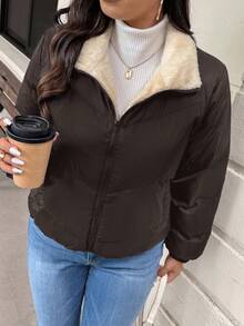 SHEIN Frenchy Damen Große Größen Warmer Langarm Lässig Gefütterte Mantel für den Winter - Kaffeebraun - Übersicht 2