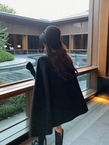 DAZY 女士纯色休闲韩版斗篷外套，前开襟纽扣夹克 - 黑色 - 查看 7