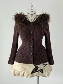 Sunspun Áo len cardigan thời trang màu trơn có khóa kéo cỡ lớn cho nữ - Cà phê nâu - Xem 4