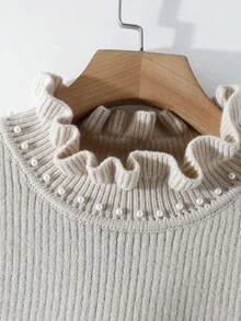 SHEIN Áo len đính ngọc trai thanh lịch dành cho nữ, Thu/Đông - Màu Khaki - Xem 4