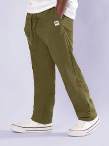 SUMWON 亚麻舒适抓绒慢跑运动裤，休闲抽绳腰直筒经典款，带侧袋，温暖冬季必备，秋季时尚日常穿着 - 軍綠色 - 查看 4