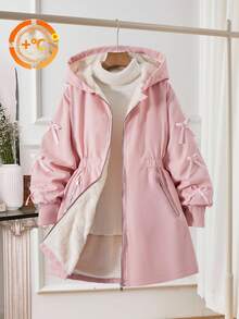 SHEIN Girls' Casual Hooded Thick Fleece Jacket, With Pink Bow Ribbon On Sleeve, Pink Zipper On Collar And Cuffs, Elastic Waist, Suitable For Autumn/Winter Outings, Travel, Walking, Shopping, Can Be Paired With Long Sleeve Sweater And Pants Fall - Pink - View 4