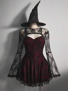 SHEIN ICON Váy ren phối màu cổ vuông cỡ lớn, váy dự tiệc Y2K tay loe, bộ hai mảnh ren nhún vai, trang phục Halloween - Màu Đỏ Sâu - Xem 1
