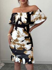 Breezaya Tropical Print Off Shoulder Ruffle Trim Ruched Bodycon Dress Vacation Beach Outfits Women