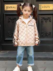 1 件女童连帽夹克，时尚休闲条纹字母印花全印花夹克 - 黃色 - 查看 3