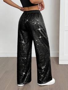 SHEIN PETITE Sequin Elastic Waist Casual Loose Drawstring Pants,Fall - Black - View 2