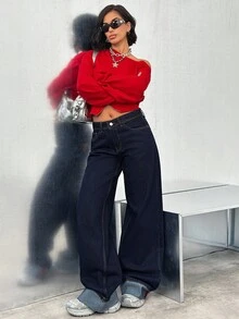 EURMUSE WOMEN LOW WAIST WIDE LEG JEANS RED EMRIODERY AND STICH DETAIL - Dark Wash - View 3