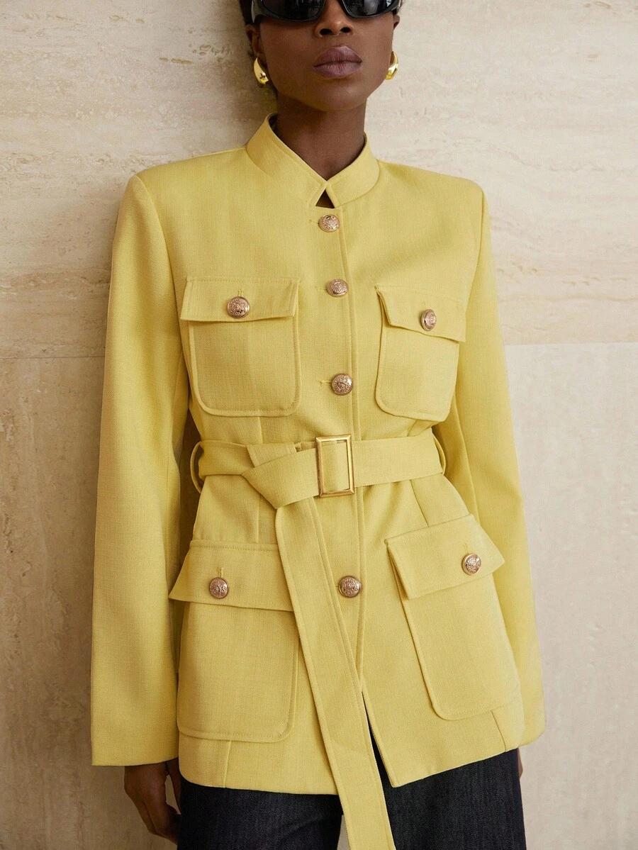 Aveloria Modichic Stand Collar Thick Tweed Single-Breasted Metal Button Decor Belt Utility Jacket - Yellow - View 1