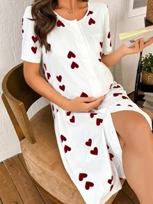 Moonlight&Mama Heart Print Maternity Loungewear Nightgown - Red - View 4