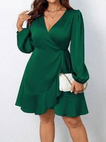 DreamSkyne Satin-Wickelkleid mit Laternenärmeln und Bindung an der Seite - Dunkelgrün - Übersicht 3