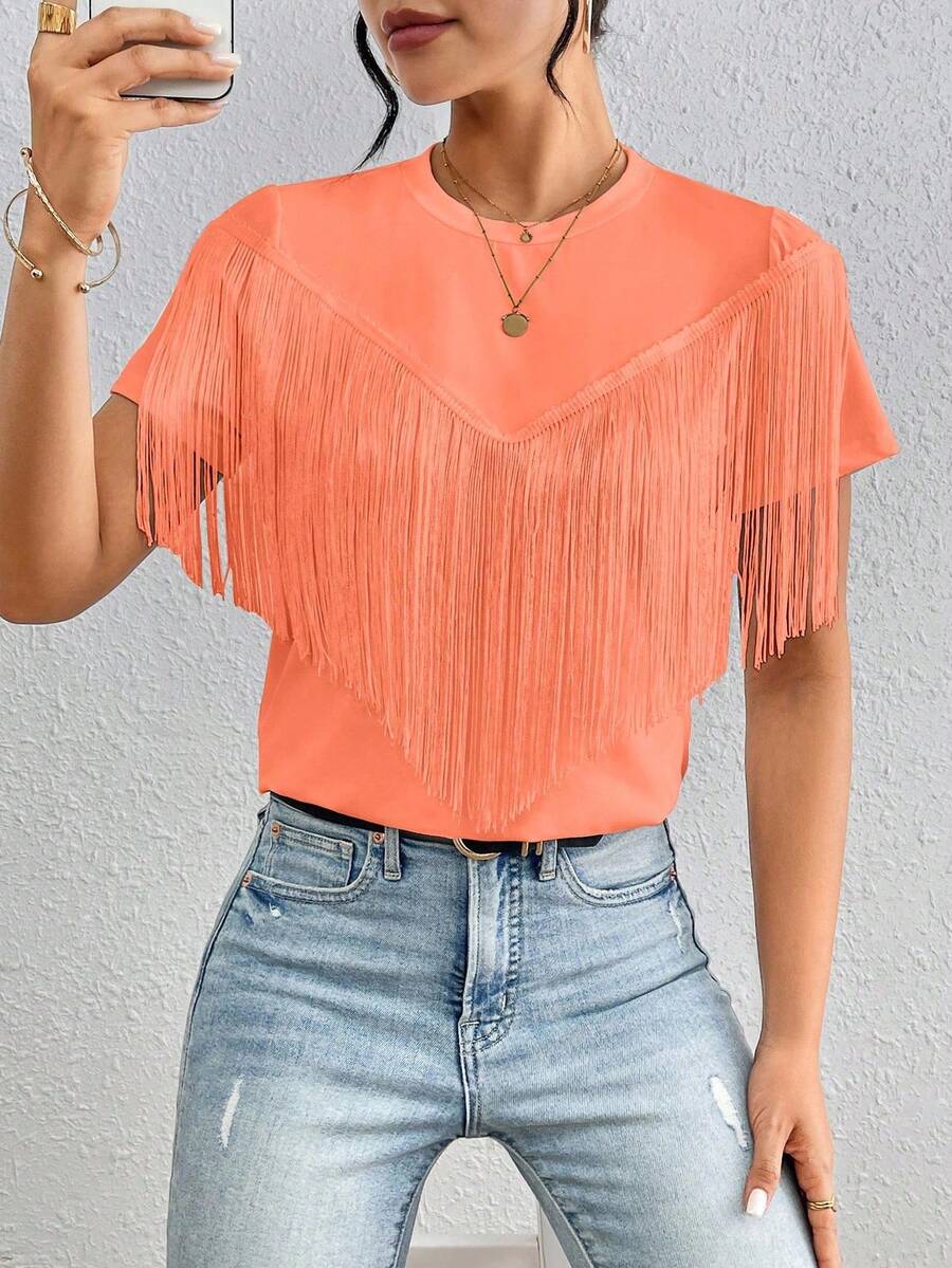 EMERY ROSE Solid Color Round Neck Tassel Decor Casual Summer Short Sleeve T-Shirt