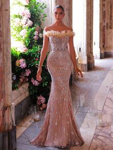 Glamrae 优雅奢华串珠亮片荷叶边蝴蝶结设计性感美人鱼拖尾长裙，适合婚礼、派对、舞会、正式场合（重度装饰） - 香檳色 - 查看 1