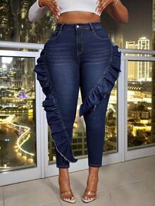 Slaydiva Quần jean bó 7/8 màu xanh co giãn cá tính cho nữ cỡ lớn, trang phục cao bồi/rodeo - Rửa tối - Xem 4