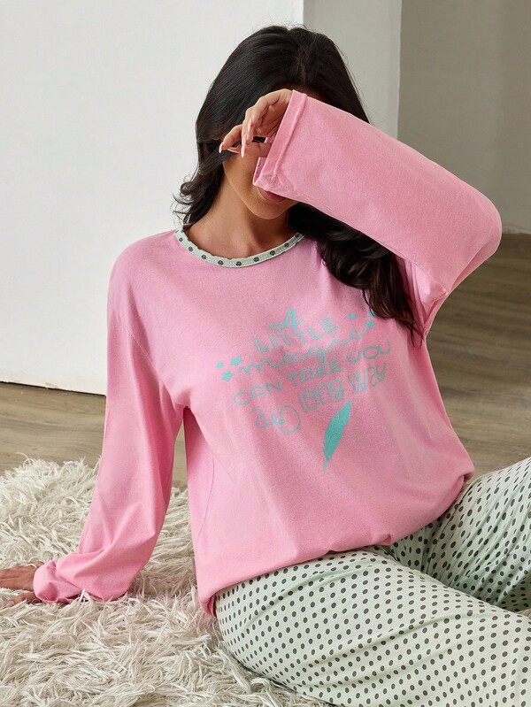 100% algodão, 2 peças, algodão, contraste de cores, slogan, detalhe, camisa de manga comprida e calças de dormir longas com estampa de bolinhas, conjunto de pijama feminino, pijama feminino, calças de pijama femininas, conjunto de pijama curto para mulheres, calças, camisola feminina, pijama fofo para mulheres, conjuntos de pijama feminino, pijama fofo para mulheres, conjuntos de pijama feminino, roupa de dormir feminina, conjuntos de pijama feminino, roupa de dormir feminina