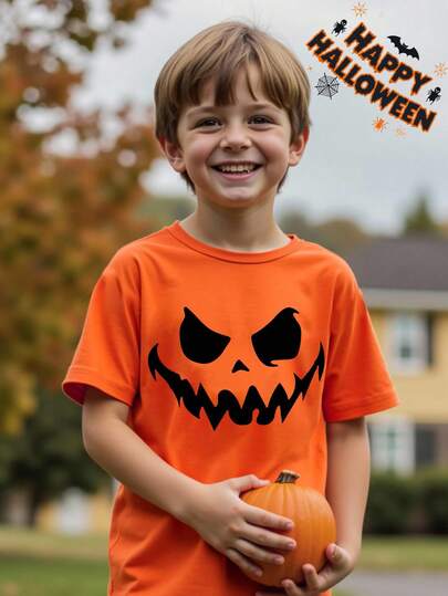 SHEIN Young Boy Casual Cute Cartoon Pumpkin Face Graphic Print Round Neck T-Shirt, Suitable For Summer, Autumn, Devil Halloween Costume, Halloween Horror Nights, For Halloween Party
