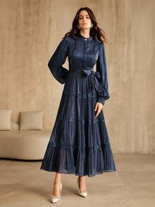 Anewsta 女士雪纺圆领蕾丝拼接长袖连衣裙，秋冬 - 寶藍色 - 查看 6