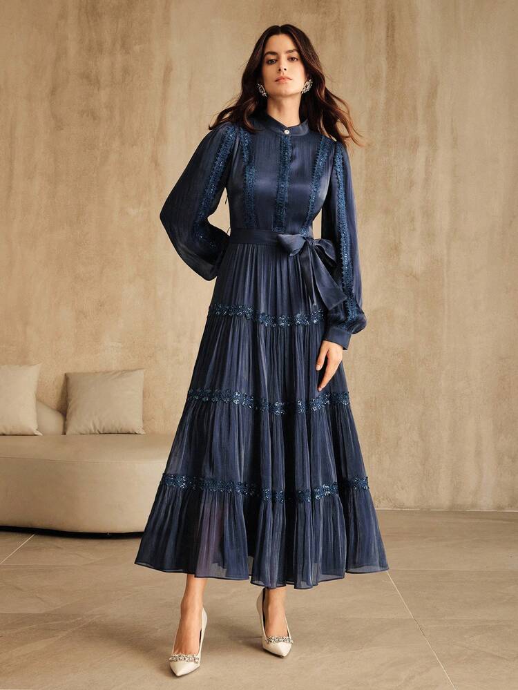 Anewsta Women's Chiffon Round Neck Lace Patchwork Long Sleeve Dress, Autumn/Winter - Royal Blue - View 6