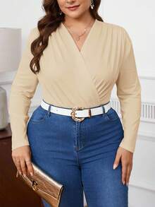 SHEIN Privé Plus Size Women Elegant Ruched Shoulder Casual Bodysuit, Slim Fit Long Sleeve, Suitable For Commuting And Outdoor Wear, Autumn/Winter