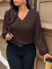 SHEIN Frenchy Áo sơ mi tay dài vải họa tiết kẻ sọc tương phản cỡ lớn, trang trí vỏ sò, thường ngày, rộng rãi, mùa thu - Cà phê nâu - Xem 1