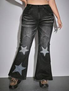 ROMWE Grunge Punk 大码秋冬垃圾朋克街头复古星形水洗做旧不对称磨损下摆牛仔裤，时尚秋季五角星渐变纹理水洗街头风格大码女式牛仔裤，大码音乐节派对秋冬女式牛仔裤 - 彩色 - 查看 5