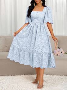 SHEIN Lady Váy dài vừa phải thêu rỗng màu trơn thanh lịch dành cho nữ - Màu xanh nhạt - Xem 6