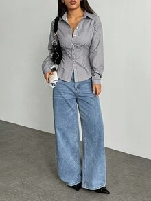 Jeanoix 女式复古格子修身性感衬衫 - 灰色 - 查看 5