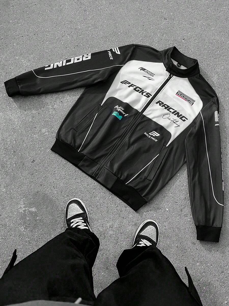 Manfinity EMRG Men's Patchwork Contrast Color Outdoor Windbreaker Bomber Jacket; Motorcycle Jacket; Racing Suit, Racing Jacket Racing Jersey Race Jacket Race Car Jacket Racing Shirt Motorsport Jacket , Fall Winter - Black and White - View 1