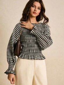 Poéselle 黑白格子褶皱设计修身长袖女式上衣 - 黑與白 - 查看 3