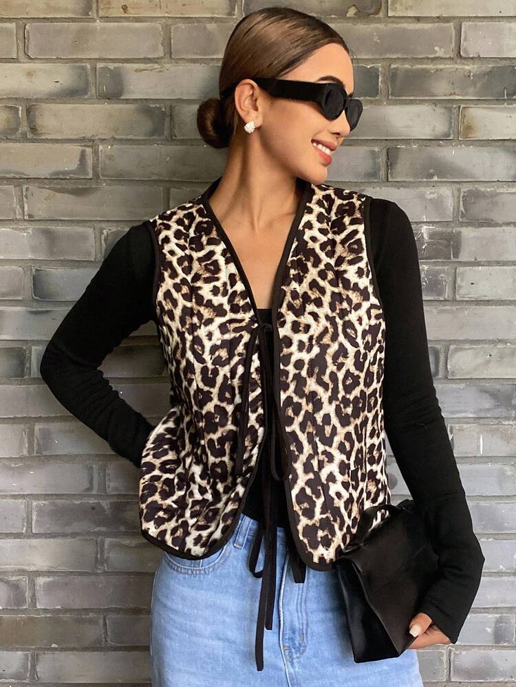 Women's Leopard Print Quilted Vest Jacket, V-Neck With Tie, Casual Street Style, Autumn/Winter