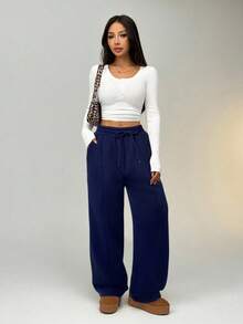 SHEIN EZwear 卵石缝线细节直筒运动裤 - 藏蓝色 - 查看 6