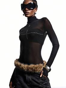 LYSMO 2025 New Arrive Minimalism Fall Winter Women's Turtleneck Long Sleeve Mesh Fitted Sexy T-Shirt Black Mesh Top Black See Through Top Mesh Top Long Sleeve Mesh Tops For Women Black Rhinestone Top,Black Tops