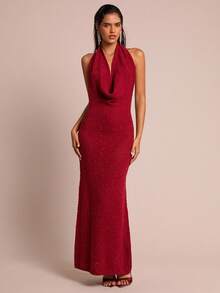 SHEIN Glamour Đầm ôm body đính kim tuyến cổ khoét sâu gợi cảm dành cho nữ - Đỏ - Xem 3