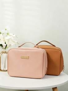 SHEIN Organisateur de maquillage de voyage élégant - Sac en PU spacieux avec porte-pinceaux amovible, compartiments transparents et fermeture éclair sécurisée