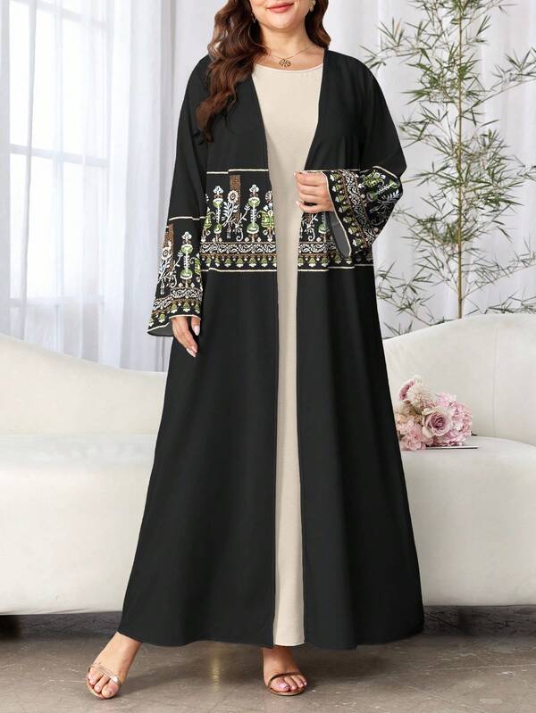 SHEIN Najma 大码女式复古花卉印花长袖休闲阿拉伯长袍，适合春秋季节