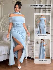 Roveilla 大码女士优雅露肩开衩修身浪漫露背派对连衣裙，适合圣诞派对、正式场合