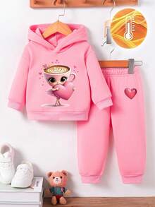 2pcs/Set Baby Girl Cute Cappuccino Ballerina Dancer Heart Print Hooded Fleece Sweatshirt And Fleece Pants Set, Suitable For Outings In Autumn/Winter Fall - Pink - View 2