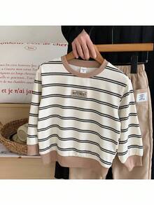 2pcs/Set Young Boy Knit Striped Crew Neck Casual Sweatshirt And Woven Long Pants Outfit Fall Winter - Multicolor - View 6