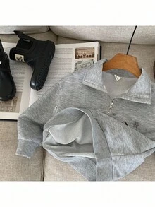 SHEIN Young Girl Solid Color Christmas Pattern Stand Collar Half-Zip Casual Sweatshirt Autumn Winter Clothes - Grey - View 9