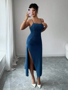 Siren Gaze 女士蓝色牛仔吊带修身连衣裙、女士夏季服装、舞会礼服、女士复活节礼服、春季连衣裙 - 淺色水洗藍 - 查看 4