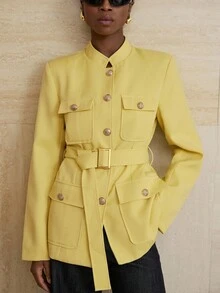 Aveloria Modichic Stand Collar Thick Tweed Single-Breasted Metal Button Decor Belt Utility Jacket - Yellow - View 5