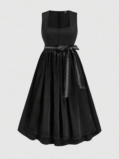 Fairmaia Plus Size Women's Traditional German Square Neck Tie-Waist Dress, Halloween