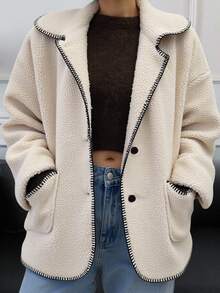 Livesso Chaqueta de bolsillo con forro de borreguito sintético de ajuste regular para mujer, abrigos de mujer de otoño - Beis - Ver 1