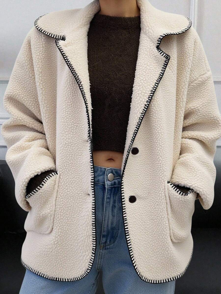 Livesso Chaqueta de bolsillo con forro de borreguito sintético de ajuste regular para mujer, abrigos de mujer de otoño - Beis - Ver 1