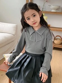 Dazy Kids Young Girl Contrast Scallop Edge Tie Collar Long Sleeve Tee, Casual Daily Commute School Style, Autumn/Spring - Grey - View 7