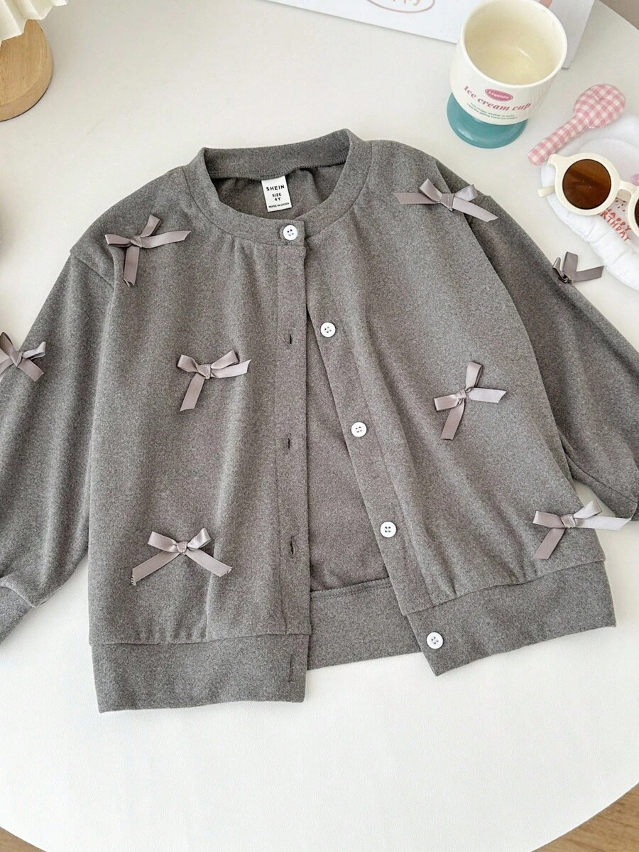 Genkimix Kids Modische Mädchen Minimalistische 3D Schleifen Schleife Dekor Rundhals Locker Strickjacke Oberbekleidung, Dunkelgrau, Alltagstragen für den frühen Herbst - Grau - Übersicht 1