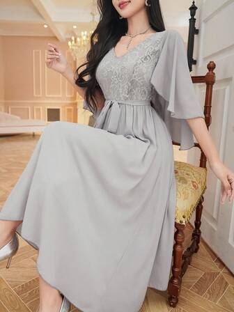 DAZY シフォンパッチワーク キャップスリーブ ベルト付き レディース ミドル丈ワンピース サマードレス