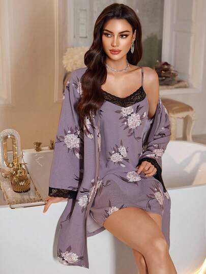 LuxeNights 2 件套优雅蕾丝拼布印花吊带睡袍和睡袍套装，秋季服装